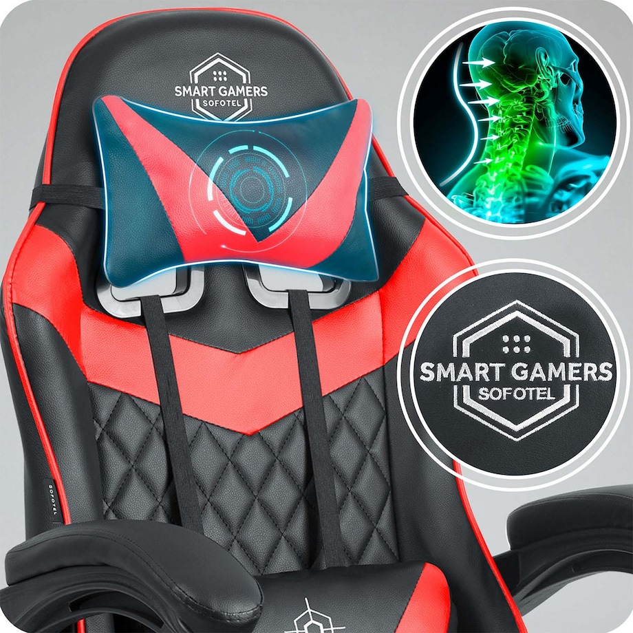 Fotel gamingowy Sofotel Draknor II czarno-czerwony krzesło gracza poduszki podnóżek 242501