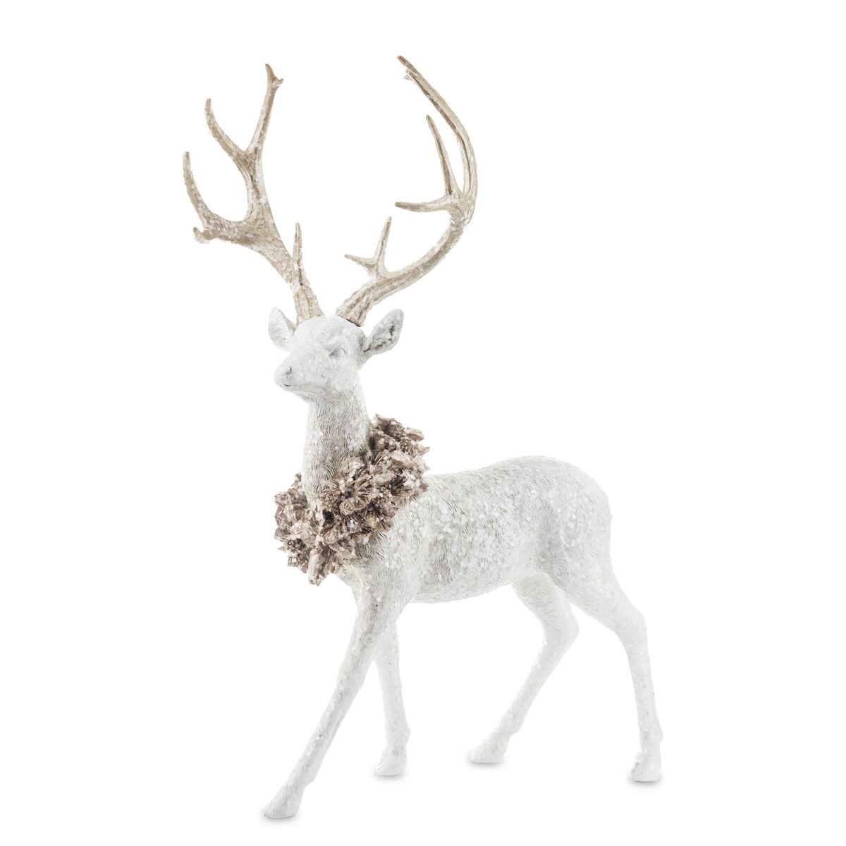 Figurka - biały jeleń 71x44x27 cm z wieńcem na szyi