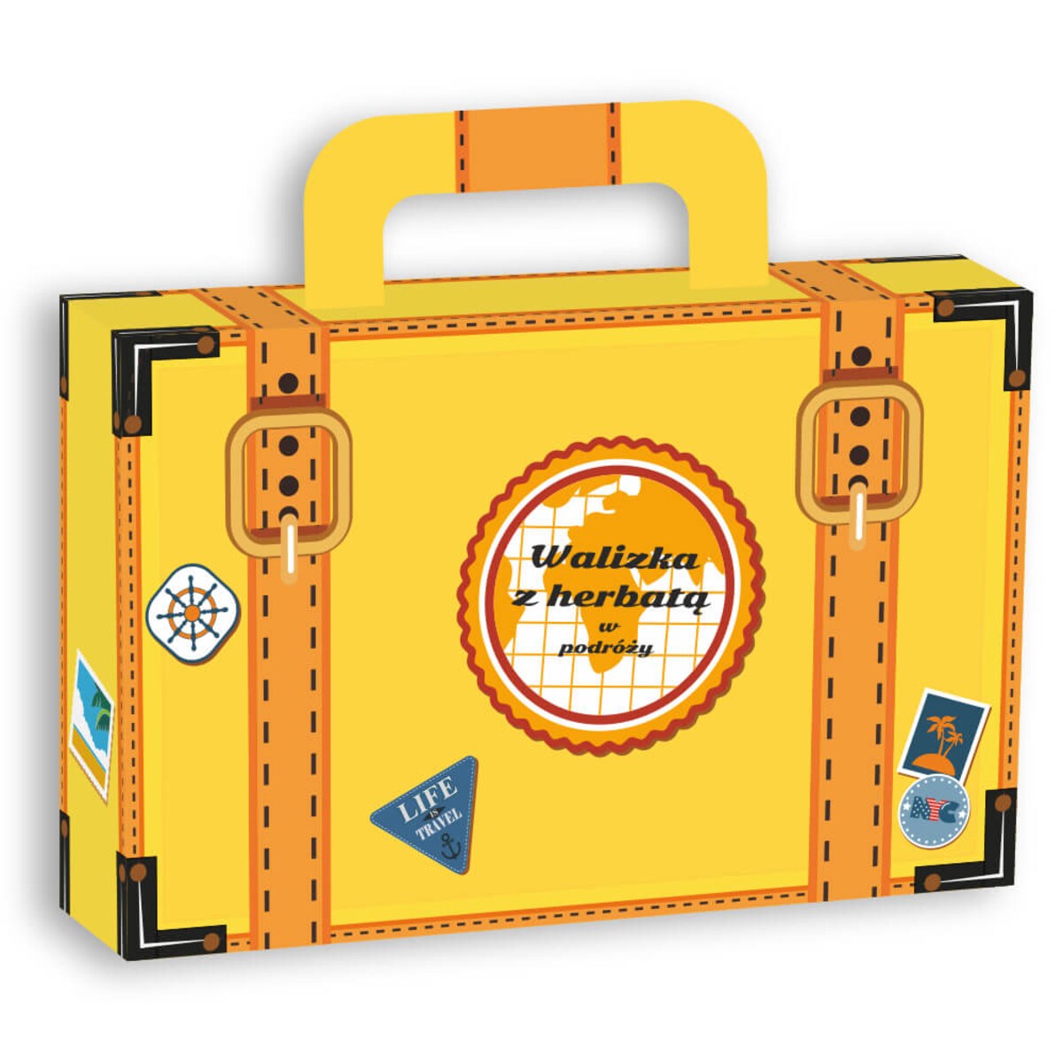 Walizka z herbatą w podróży zestaw herbat smakowych na podróż z zaparzaczem i cukrem trzcinowym 12xsaszetka 5g + 2xsaszetka 8g + zaparzacz + 14xsaszetka z cukrem trzcinowym