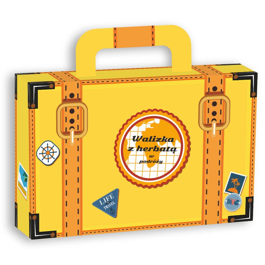 Walizka z herbatą w podróży zestaw herbat smakowych na podróż z zaparzaczem i cukrem trzcinowym 12xsaszetka 5g + 2xsaszetka 8g + zaparzacz + 14xsaszetka z cukrem trzcinowym
