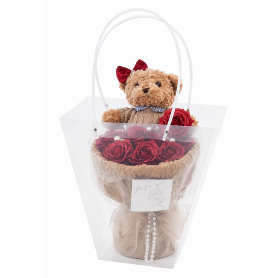 Flower box, bukiet zapachowych kwiatów mydlanych z MISIEM, LED 8szt. BUK31CZE