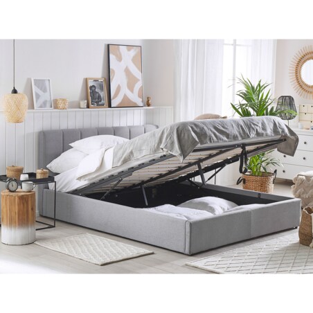 Łóżko z pojemnikiem tapicerowane 140 x 200 cm jasnoszare DREUX