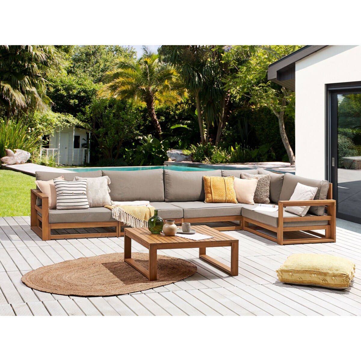 Narożnik ogrodowy ze stolikiem dla 5 osób TIMOR Modułowy Certyfikowane drewno akacjowe Jasnobrązowy