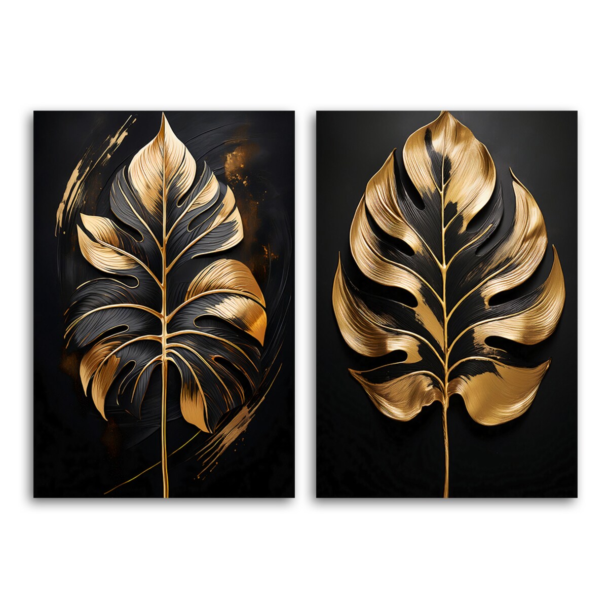Obraz set nowoczesny do salonu sypialni loftu jadalni biura Monstera Złote Liście Glamour 160x120 (2x80x120)