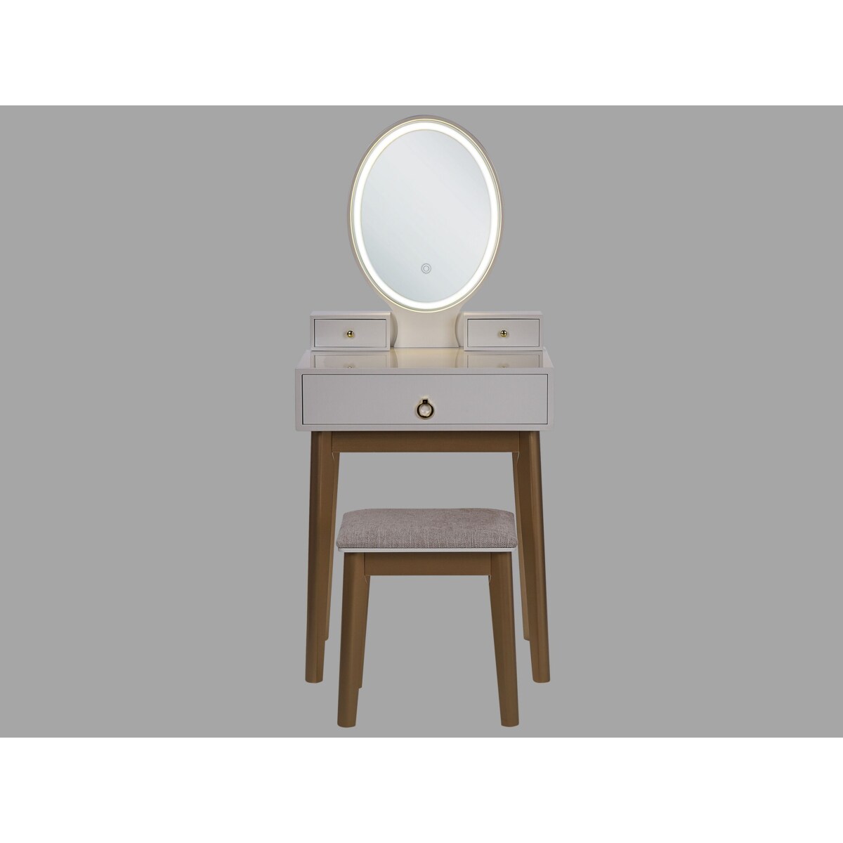 Toaletka 3 szuflady lustro LED ze stołkiem biało-złota ROSEY