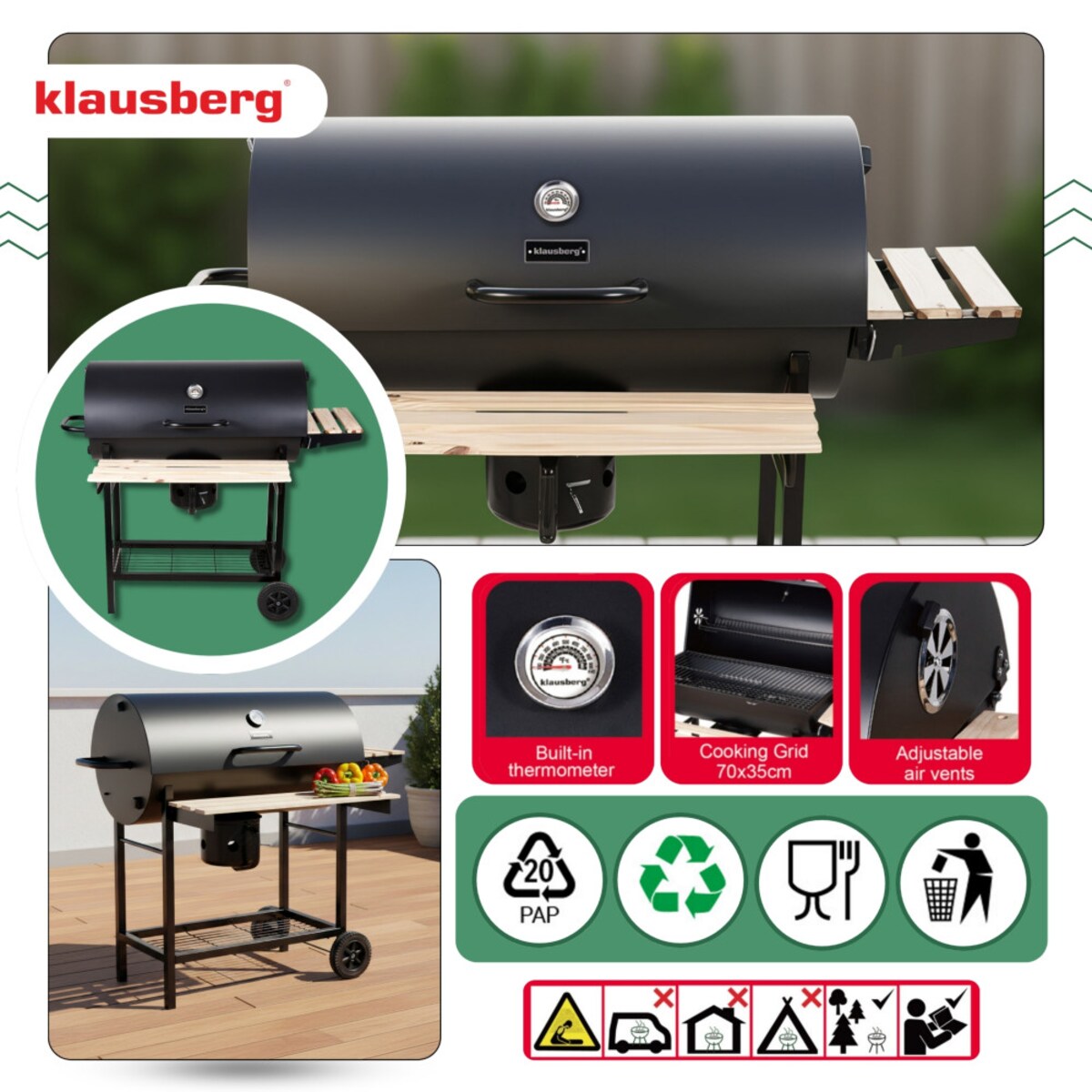 Duży grill ogrodowy węglowy pokrywa + półki + popielnik popielnica KLAUSBERG