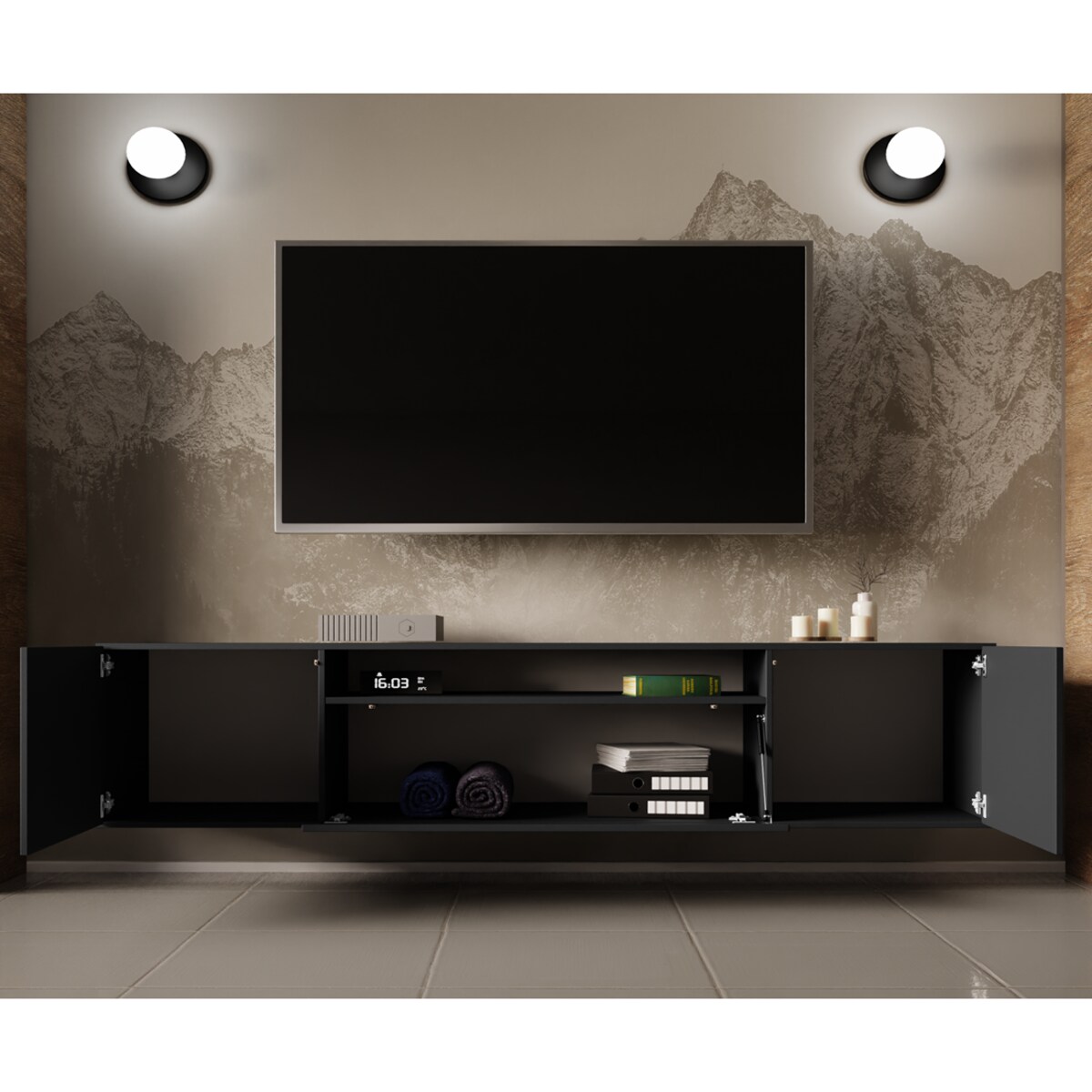 Szafka RTV LION 200cm wisząca, do pokoju gościnnego, proste fronty- grafit