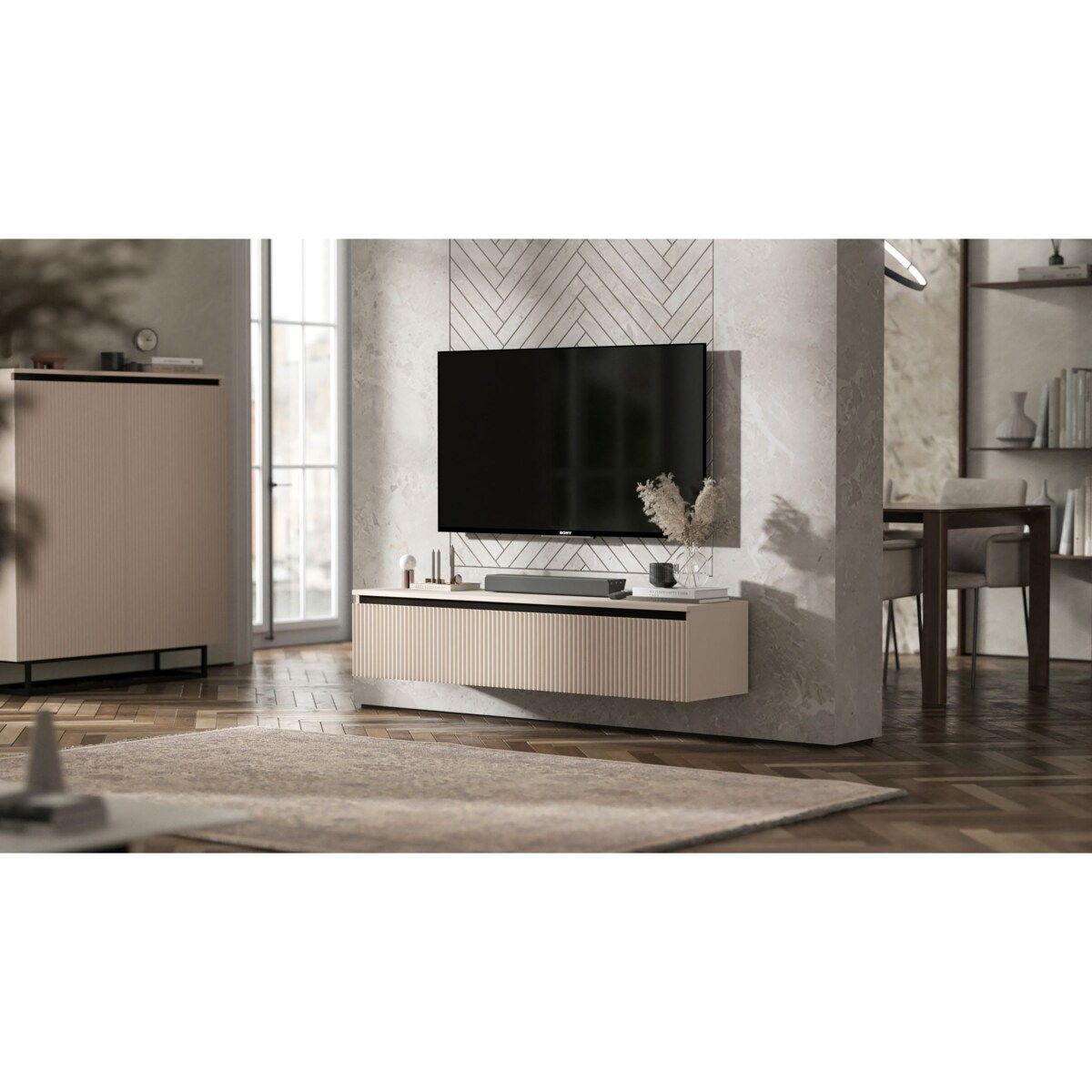 Wisząca Szafka RTV Glamour Komoda RTV Kaszmir 280 cm ryflowane fronty