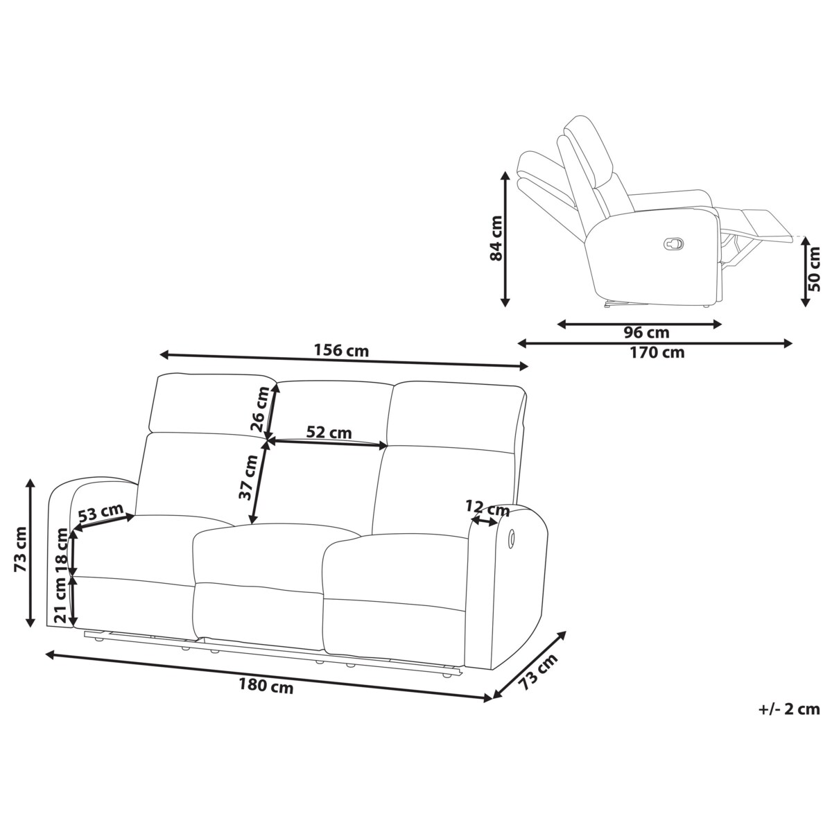 Sofa z elektryczną funkcją relaksu VERDAL Welur Beżowoszary dla 3 osób