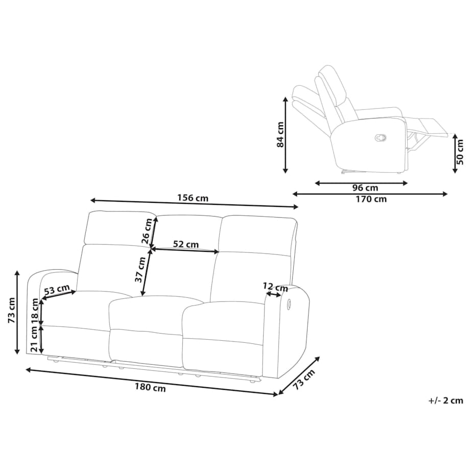 Sofa z elektryczną funkcją relaksu VERDAL Welur Beżowoszary dla 3 osób