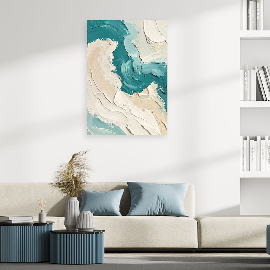 Obraz do salonu sypialni biura loftu, Abstrakcja imitacja farby w beżowo turkusowych kolorach 70x100 cm