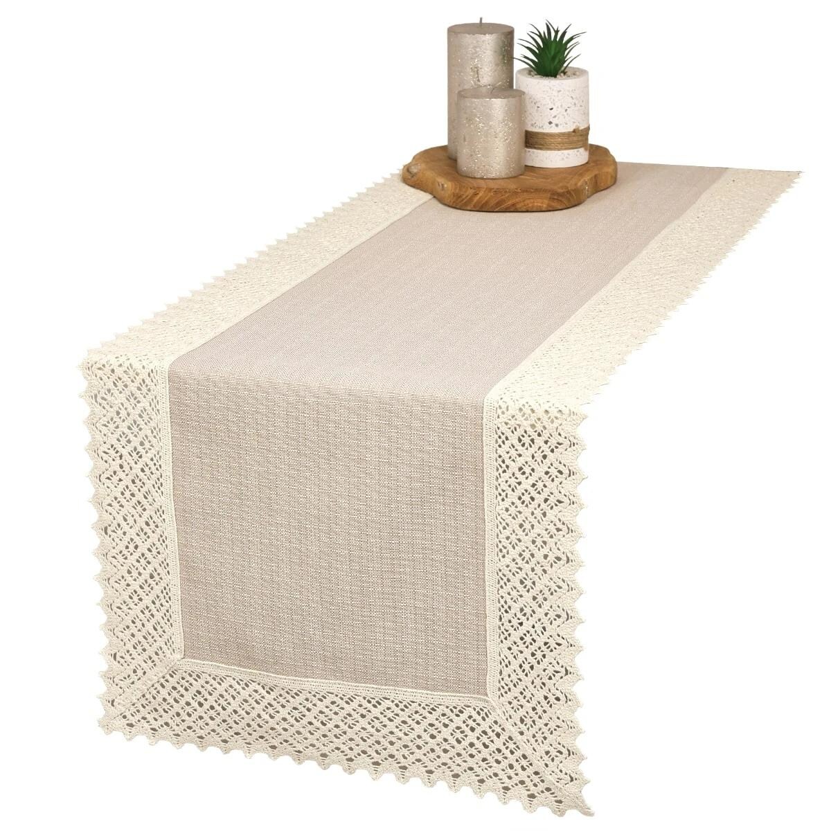 Bieżnik P130 cappucino z koronką K307 ecru - 40x200 cm - ecru