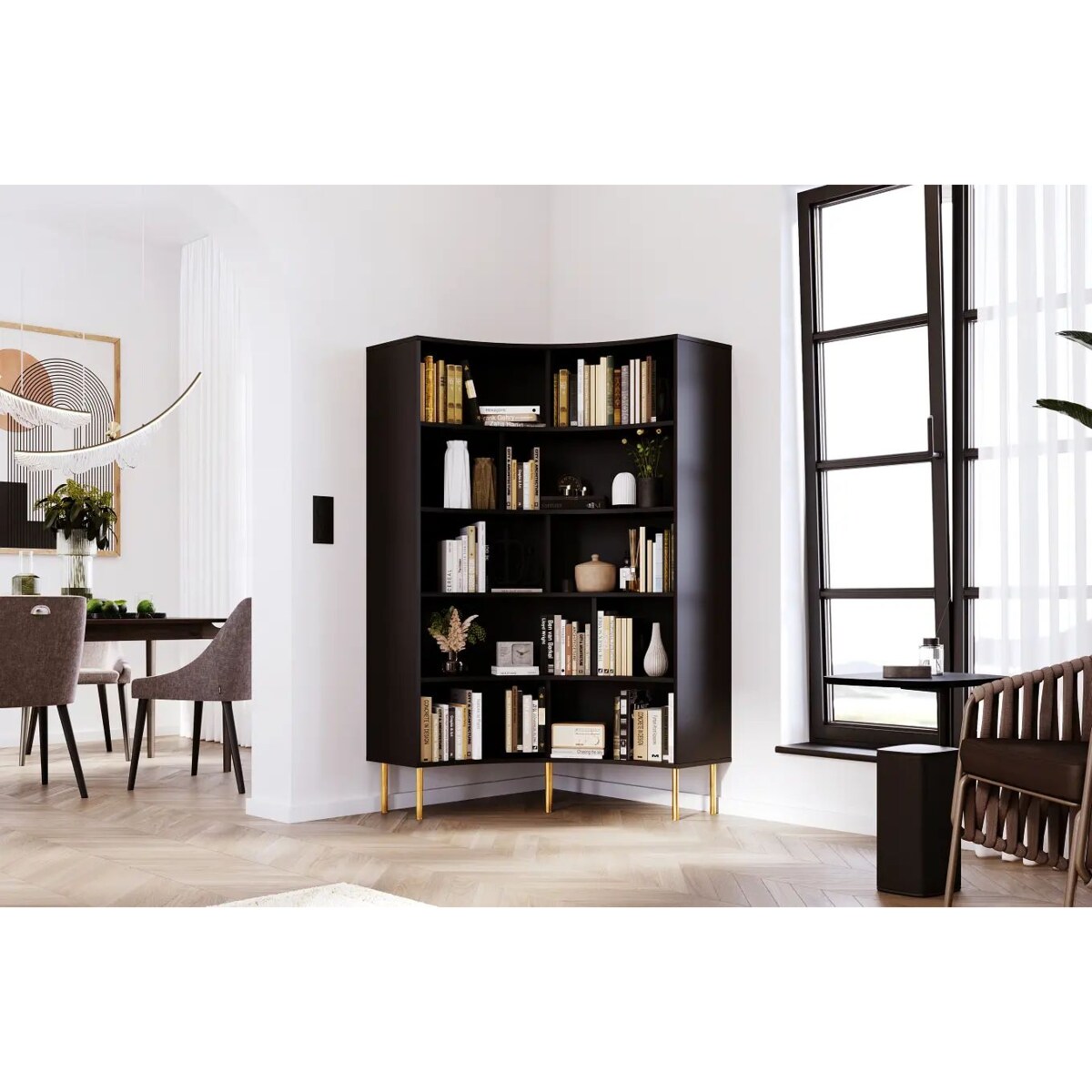 Nowoczesny narożny regał na książki Skandica HORN ze złotymi nogami / czarny
