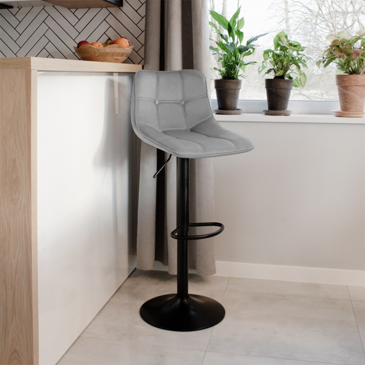 Hoker barowy krzesło tapicerowane welurowe nowoczesne szare