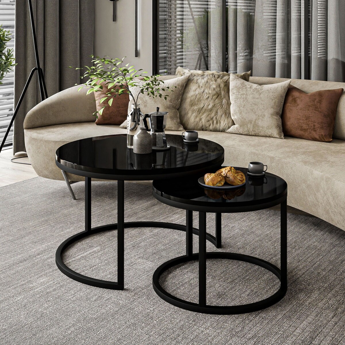 Okrągły stolik kawowy CIRI 2w1 czarny połysk 70/50 cm