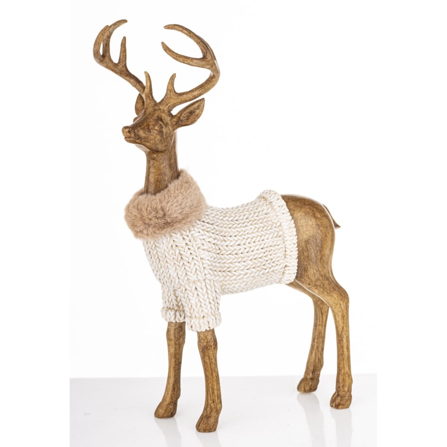 Figurka - stojący jeleń 30,5x19x9,5 cm HJORT brązowy w białym swetrze