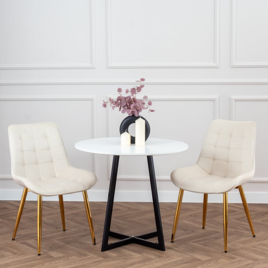 Krzesło tapicerowane welurowe beżowe pikowane glamour złote nogi