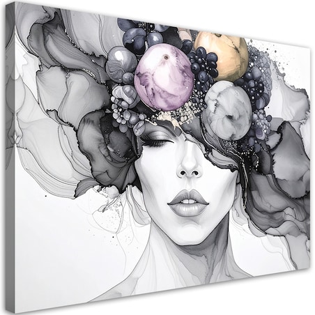 Obraz czarno biały do salonu kuchni, Kobieta z owocami na głowie 90x60