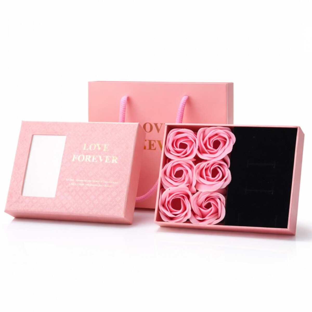 Pudełeczko na biżuterię z 6 szt. zapachowych róż mydlanych, różowe na prezent BUK28R