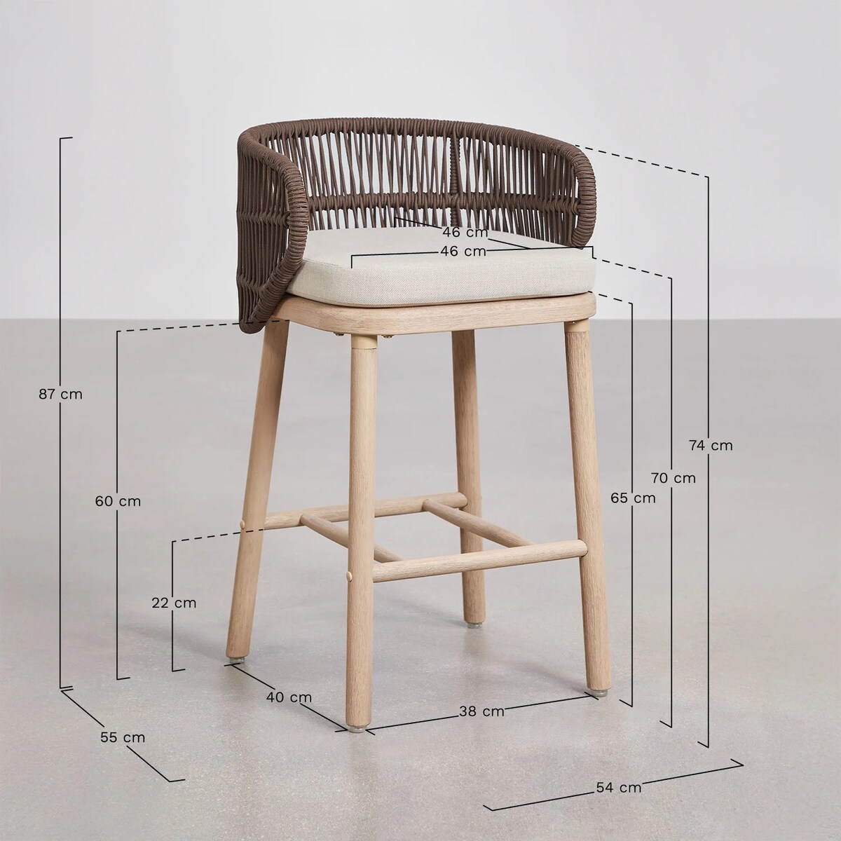 Krzesło barowe, ogrodwe, drewno akacji + pleciony sznurek Capri, ↑65 cm