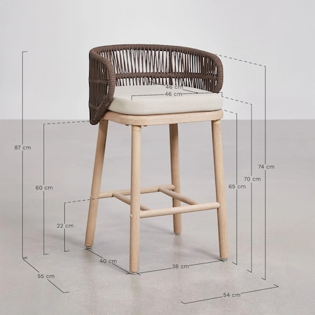 Krzesło barowe, ogrodwe, drewno akacji + pleciony sznurek Capri, ↑65 cm