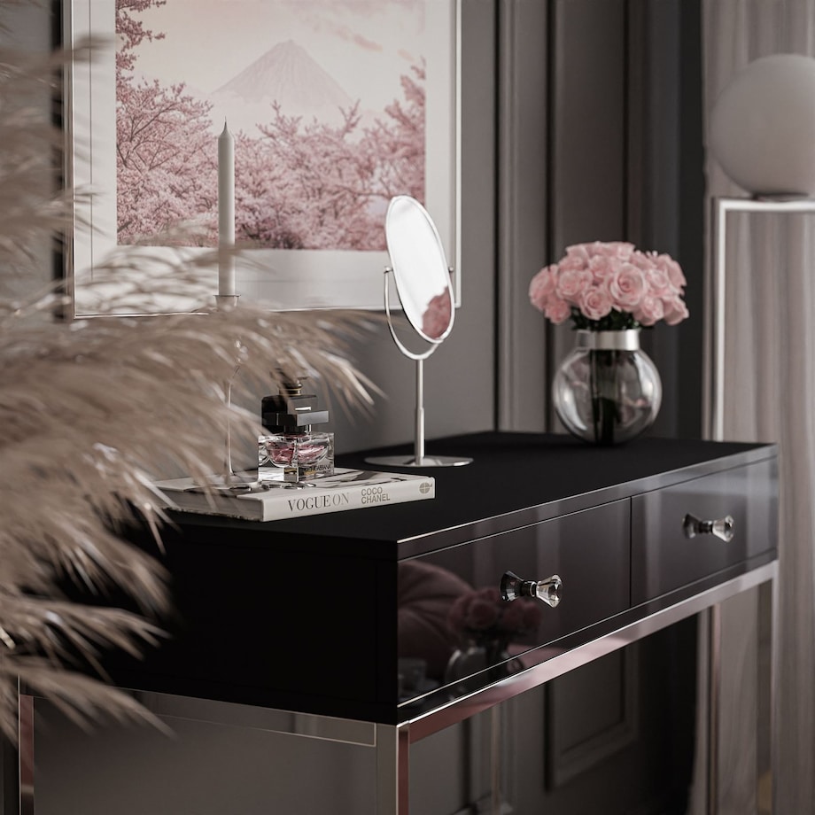 BLANCO GLAMOUR II konsola 100x42x81 cm czarny wysoki połysk z chromowanymi nogami i kryształowymi uchwytami