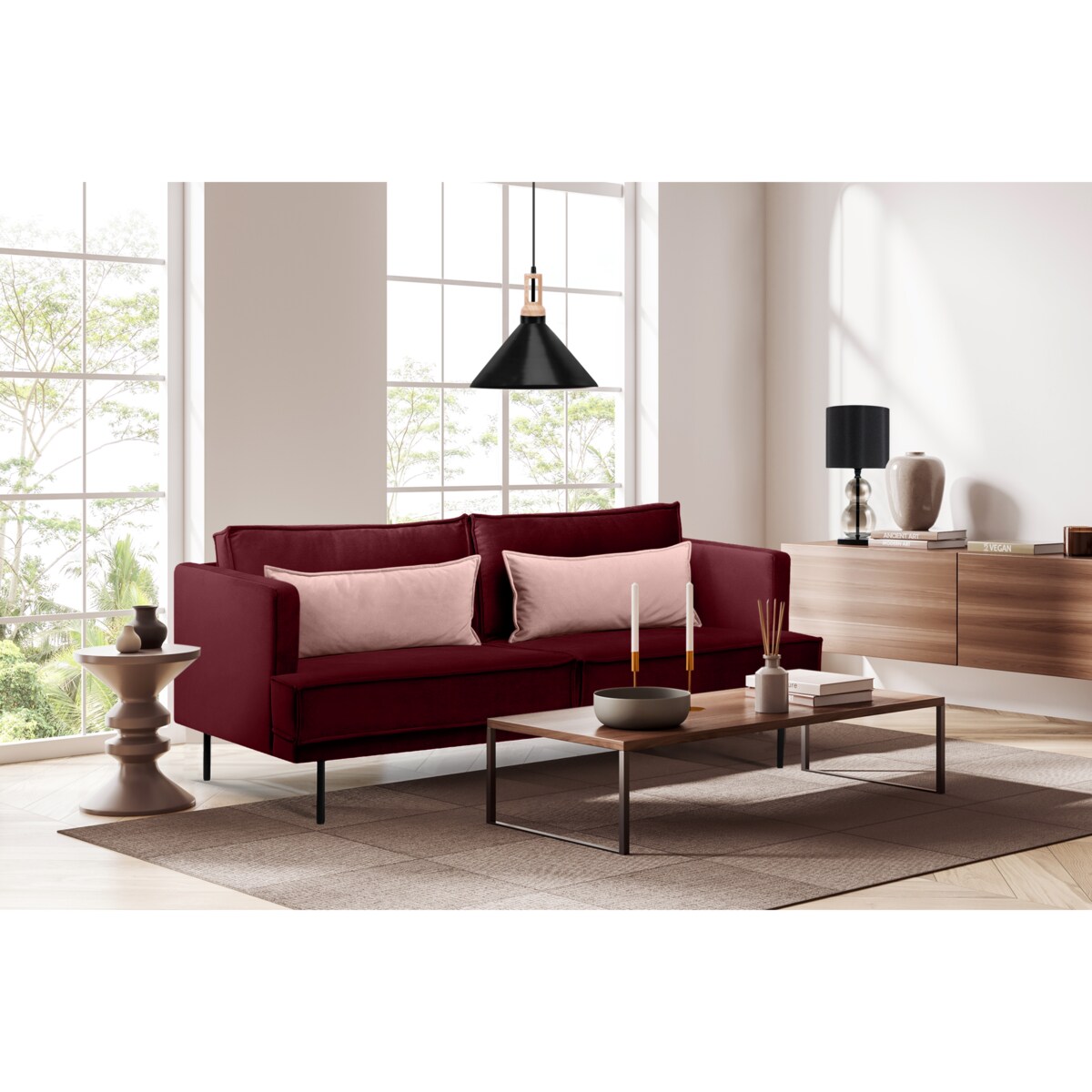 KONSIMO GANZO Sofa 3-osobowa do salonu z czerwonymi poduszkami