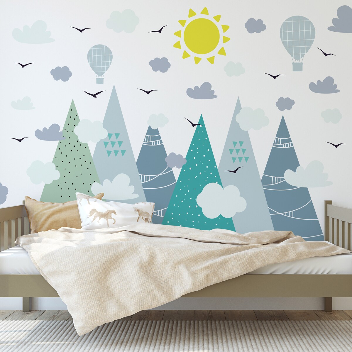 ZESTAW NAKLEJEK NA ŚCIANĘ DLA DZIECI GÓRY BALONY CHMURY PTAKI STYL BOHO