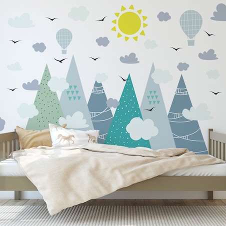ZESTAW NAKLEJEK NA ŚCIANĘ DLA DZIECI GÓRY BALONY CHMURY PTAKI STYL BOHO