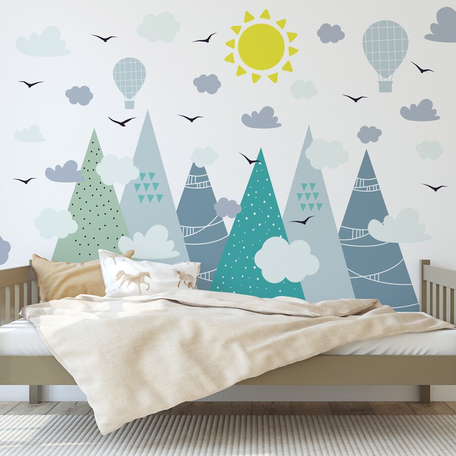 ZESTAW NAKLEJEK NA ŚCIANĘ DLA DZIECI GÓRY BALONY CHMURY PTAKI STYL BOHO