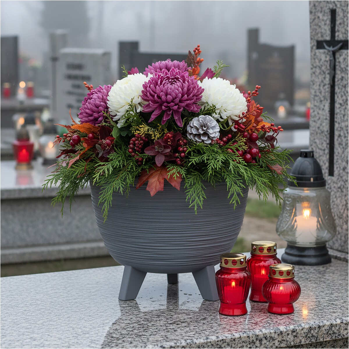 Donica Na Cmentarz Doniczka Na Nóżkach Na Wszystkich Świętych 29 Cm Szara