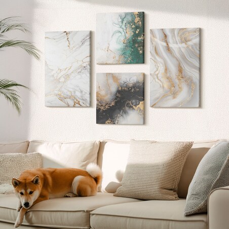 Zestaw 4 obrazów na płótnie - Abstrakcyjne wzory biel czerń zieleń - biały