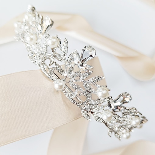 DIADEM tiara korona srebrna ŚLUBNA błyszcząca z perłami cyrkoniami