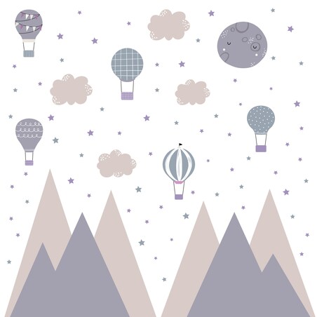 NAKLEJKI NA ŚCIANĘ DLA DZIECI FIOLETOWE GÓRY CHMURKI BALONY GWIAZDY ZESTAW