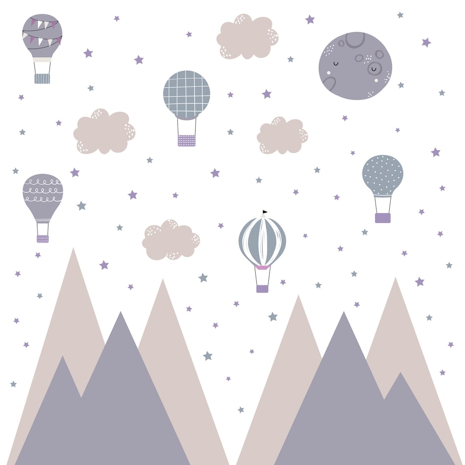 NAKLEJKI NA ŚCIANĘ DLA DZIECI FIOLETOWE GÓRY CHMURKI BALONY GWIAZDY ZESTAW