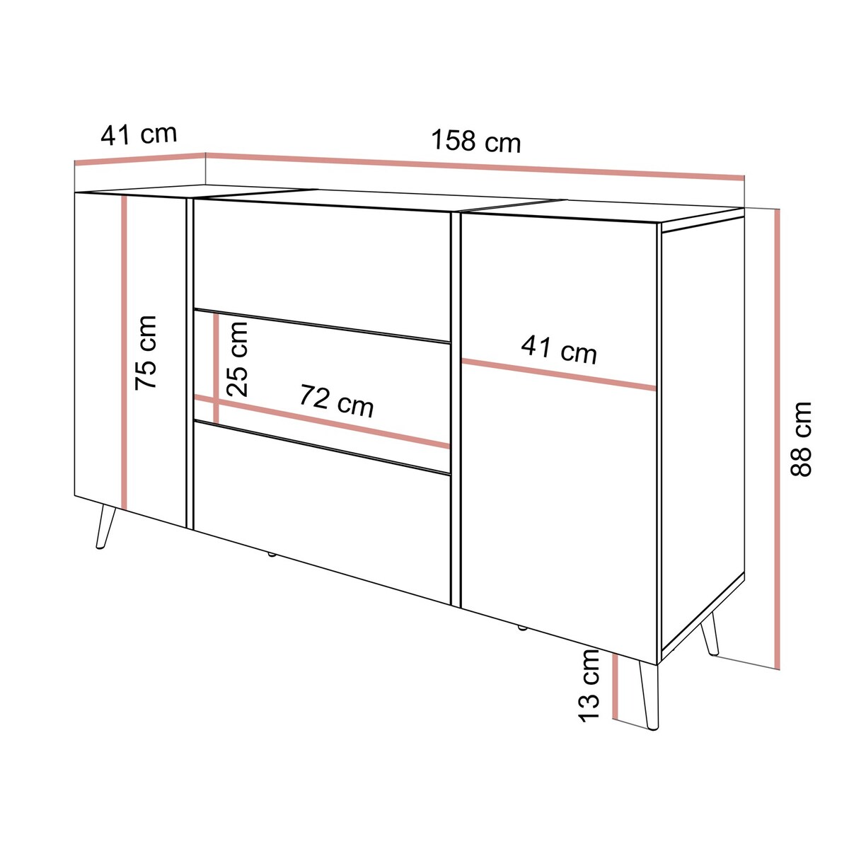 Komoda z szufladami ONYX na złotych nóżkach wysoki połysk 158 cm, czarna, push-to-open