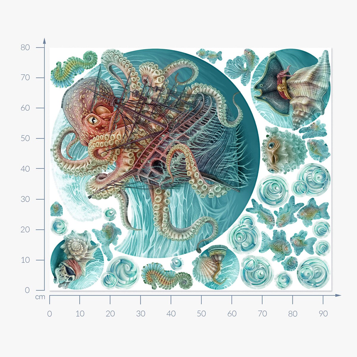Zestaw naklejek na ścianę, Świat ośmiornicy, 80cm