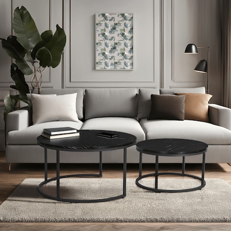 Zestaw Stolik Kawowy Okrągły 2w1 Ława Do Salonu Czarny Marmur MAURO MAX