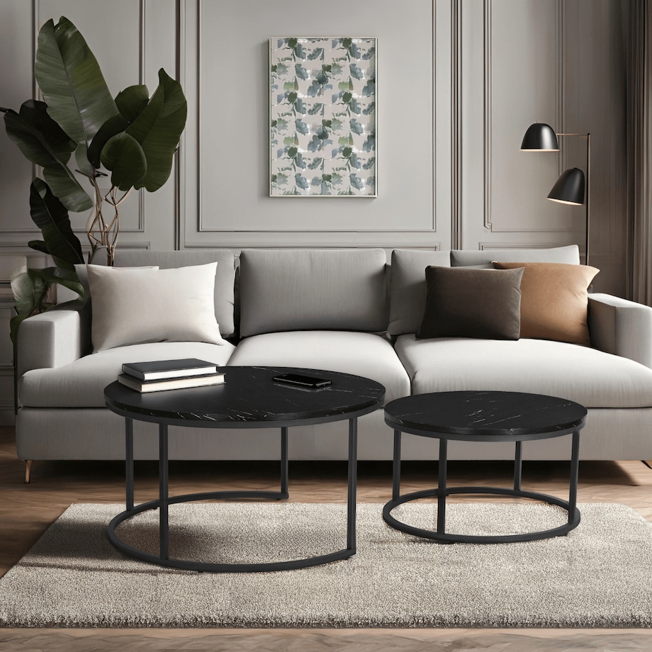 Zestaw Stolik Kawowy Okrągły 2w1 Ława Do Salonu Czarny Marmur MAURO MAX
