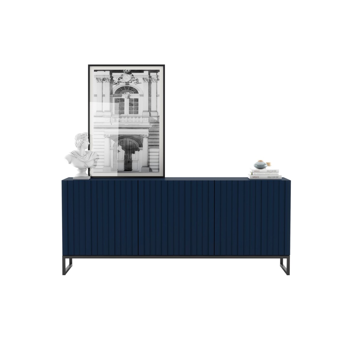 Komoda RTV Glamour Szafka RTV Loft Granatowy MAT 168 cm Czarna Rama Metalowa