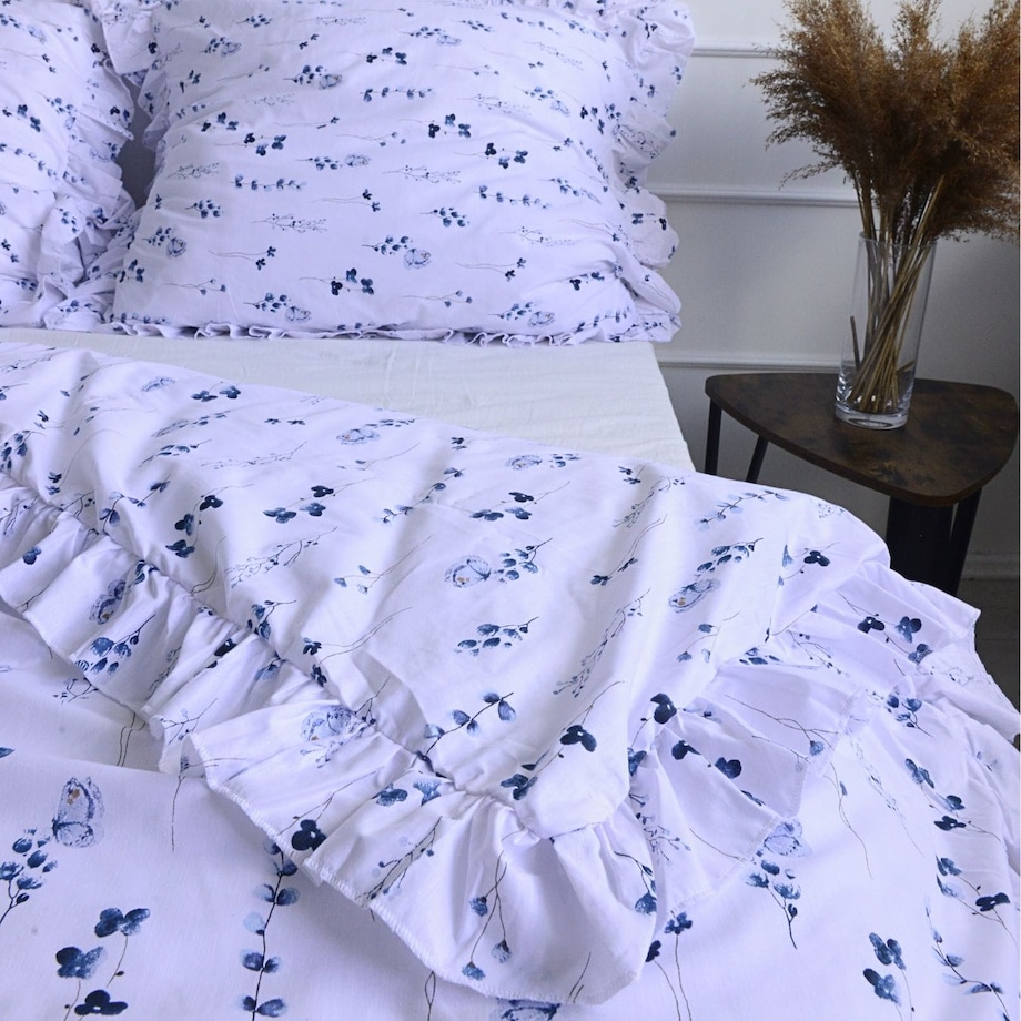 Poszewka Pościel Na Kołdrę Z Falbanką 140X200 Cm Niebieska Łączka