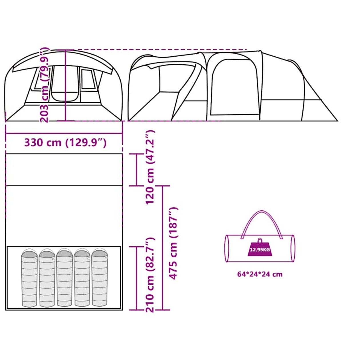 vidaXL Namiot turystyczny, tunelowy, 5-os., niebieski, wodoszczelny