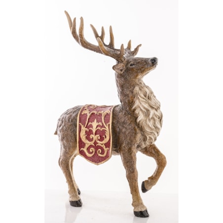 Figurka - stojący jeleń 35x22x13 cm OLEN z czerwono-złotą derką