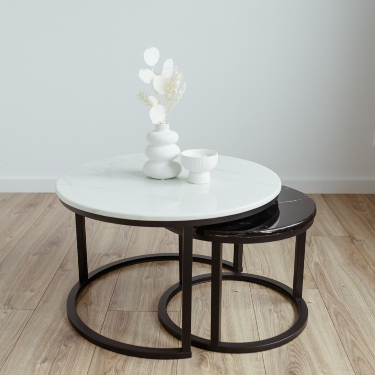 Stolik kawowy okrągły 2w1 czarny marmur zestaw 2 stolików kawowych glamour