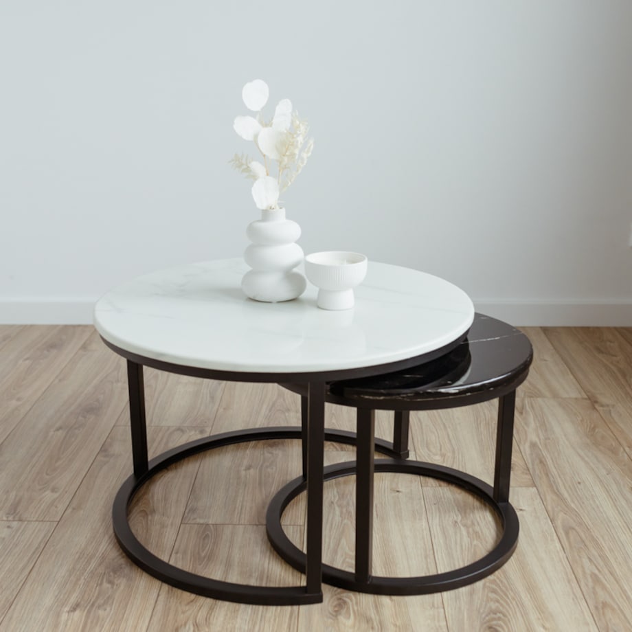 Stolik kawowy okrągły 2w1 czarny marmur zestaw 2 stolików kawowych glamour