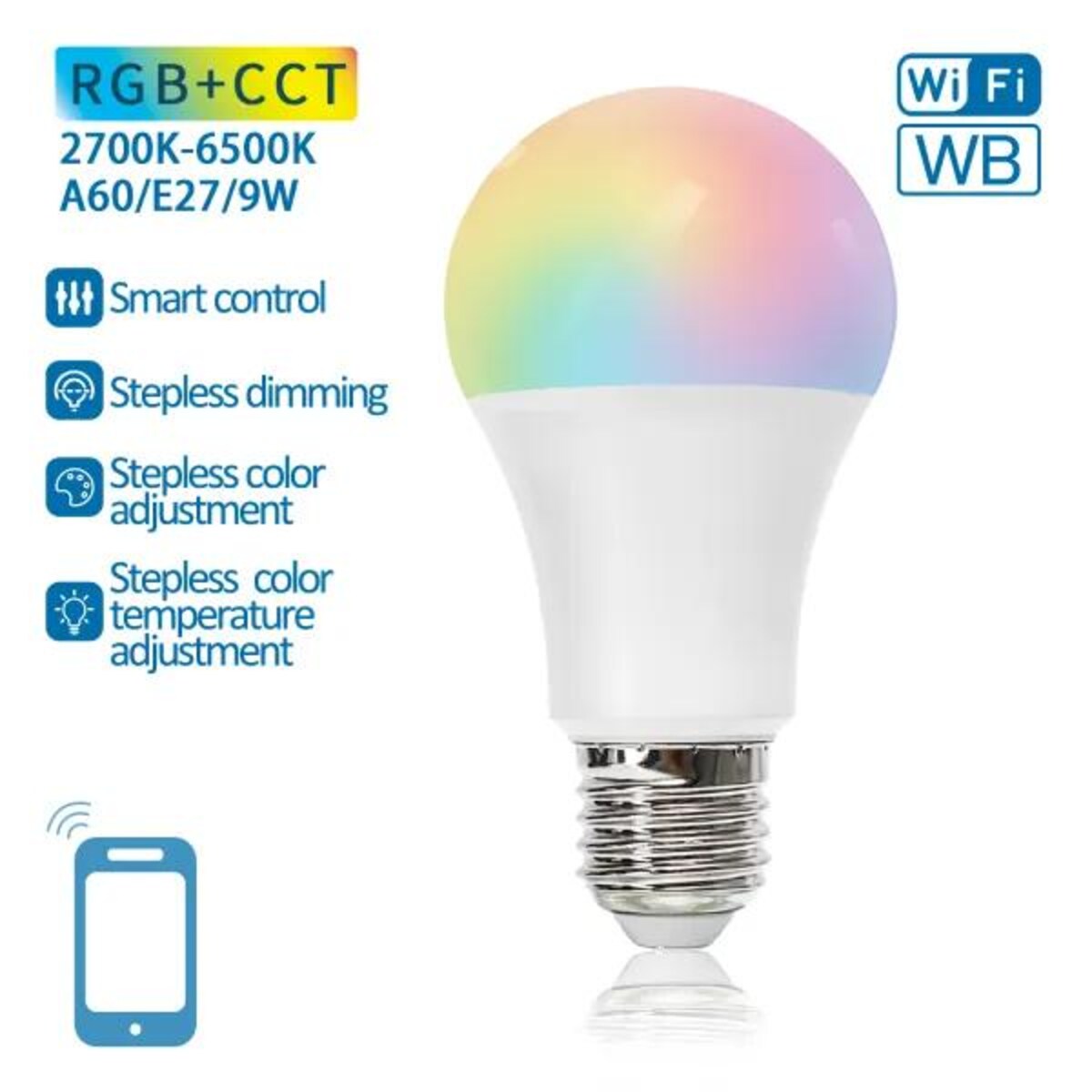 inteligentna żarówka led wb a60 e27 wi-fi 9w