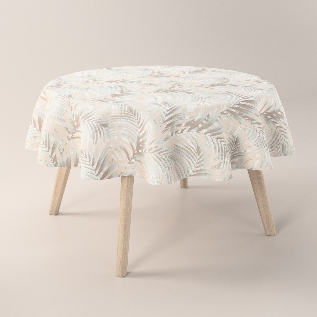 Obrus okrągły 130 x 130 cm beżowo-kremowe liście palmy na białym tle