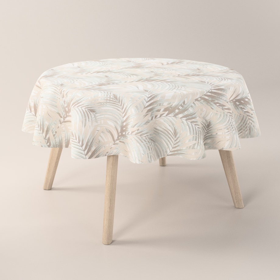 Obrus okrągły 130 x 130 cm beżowo-kremowe liście palmy na białym tle