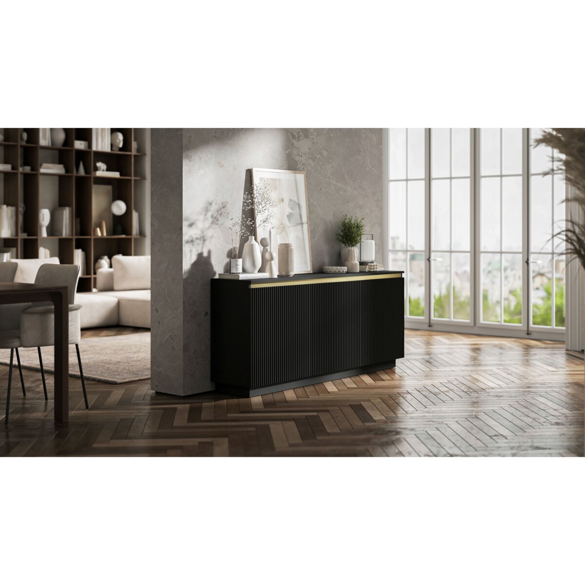 Komoda Glamour Nowoczesna Szafka RTV Czarny MAT ryflowane fronty 166,8 cm