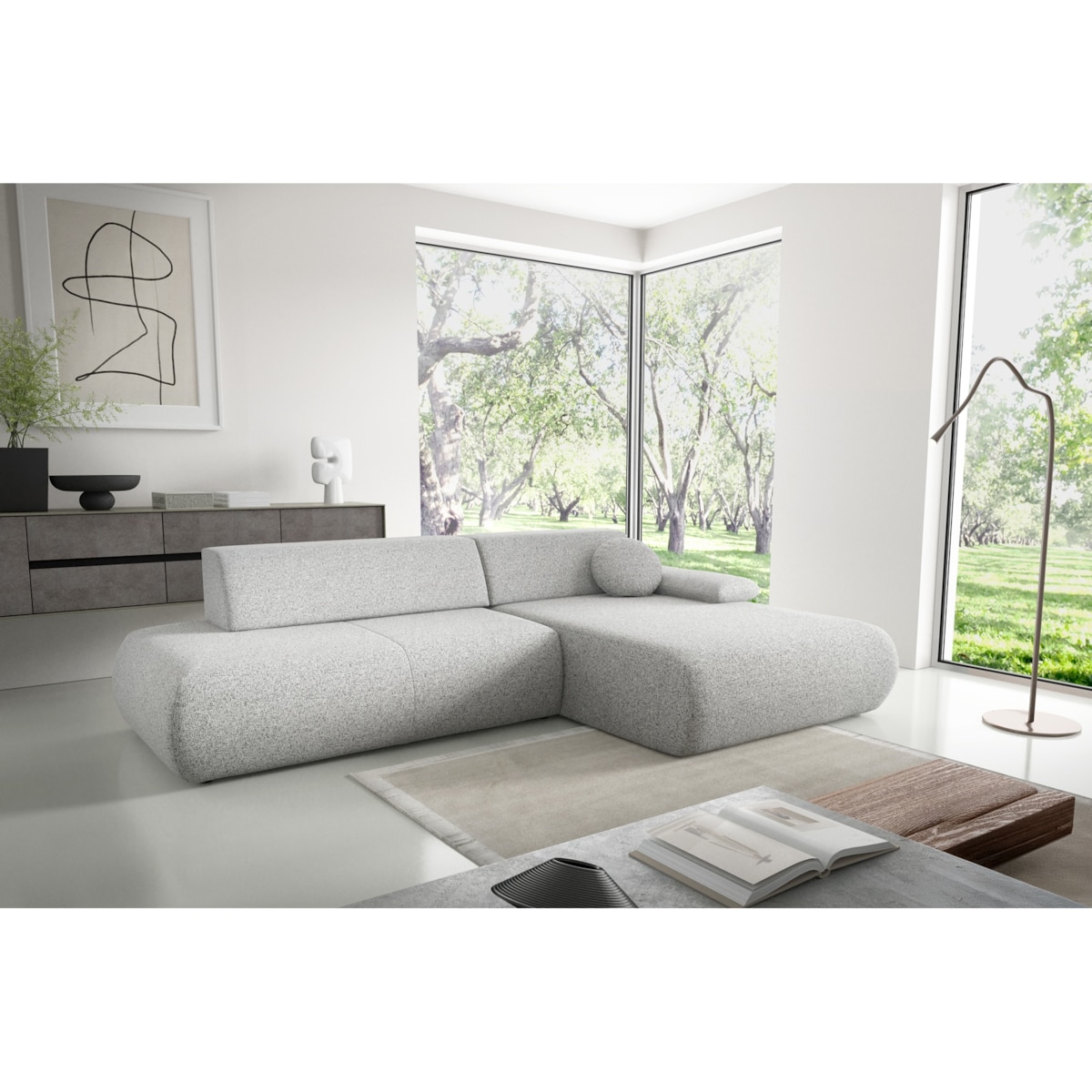 Narożnik rozkładany PENTI z pojemnikiem na pościel, prawy, jasno-szary